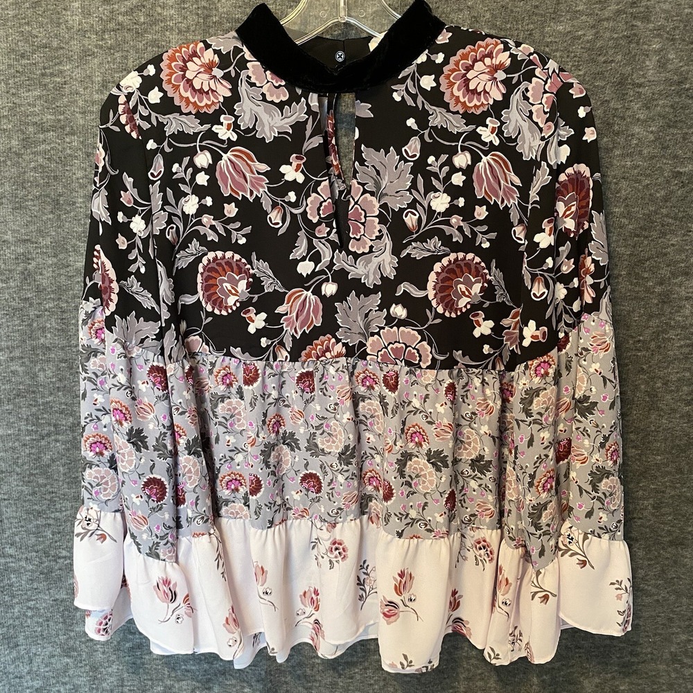 LOFT Top Small Pink Floral Velvet Keyhole Neck Ruffle Bell Sleeve Boho‎ Blouse